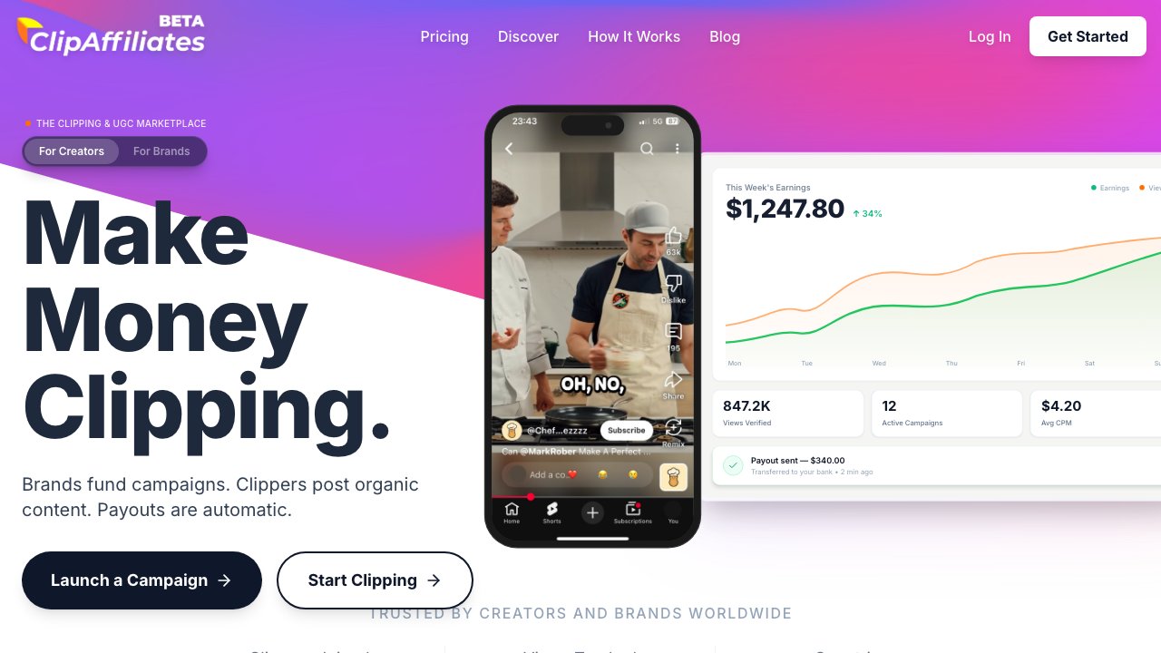 ClipAffiliates homepage — brand-clipper matchmaking