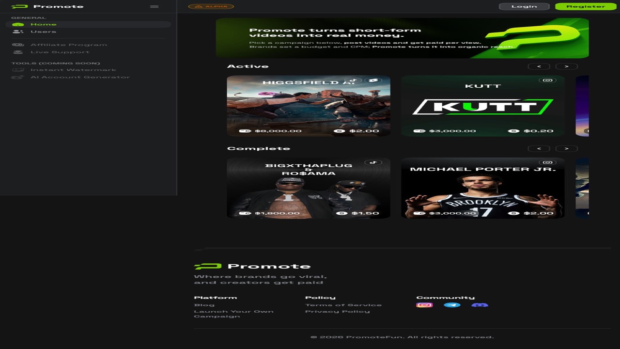 Promote.fun homepage — campaign-based clipping marketplace