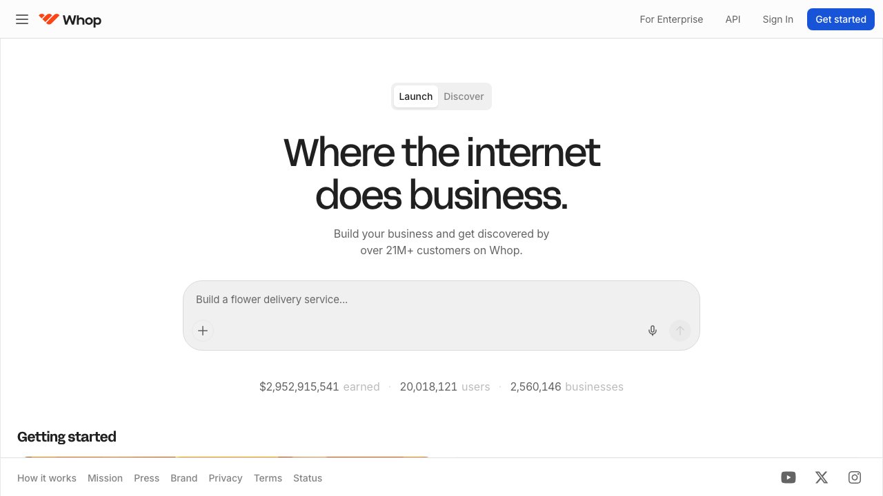 Whop homepage — the largest clipping ecosystem