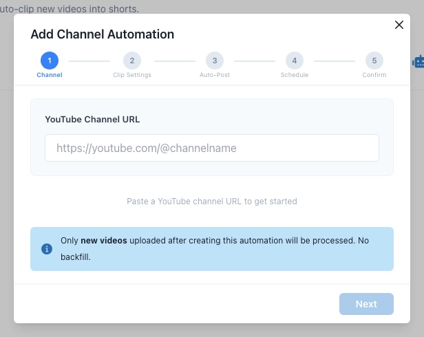Step 1 — Paste a YouTube channel URL