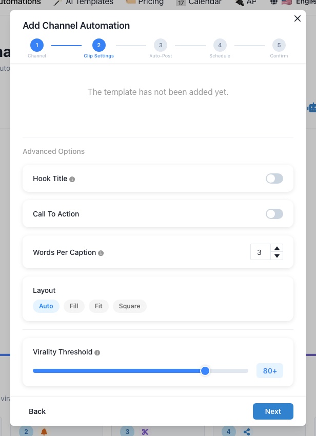 Step 2 — Clip Settings with Virality Threshold slider