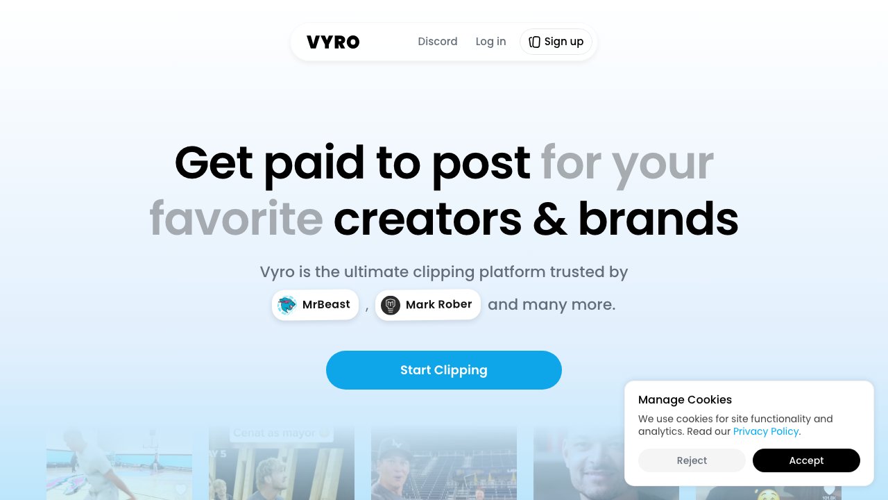 Vyro homepage — MrBeast's clipping marketplace