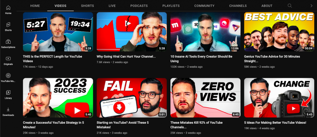 Examples of YouTube thumbnails with strong contrast between colors and text for maximum visibility.